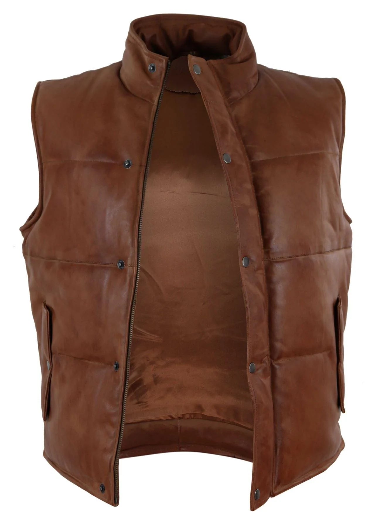 Colete masculino de couro legítimo, acolchoado, estilo puffer, quente, com zíper, casual, bege.