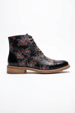 Adam - Botas Oxford de couro pretas com estampa floral e caveiras para homem