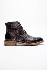 Adam - Botas Oxford de couro pretas com estampa floral e caveiras para homem