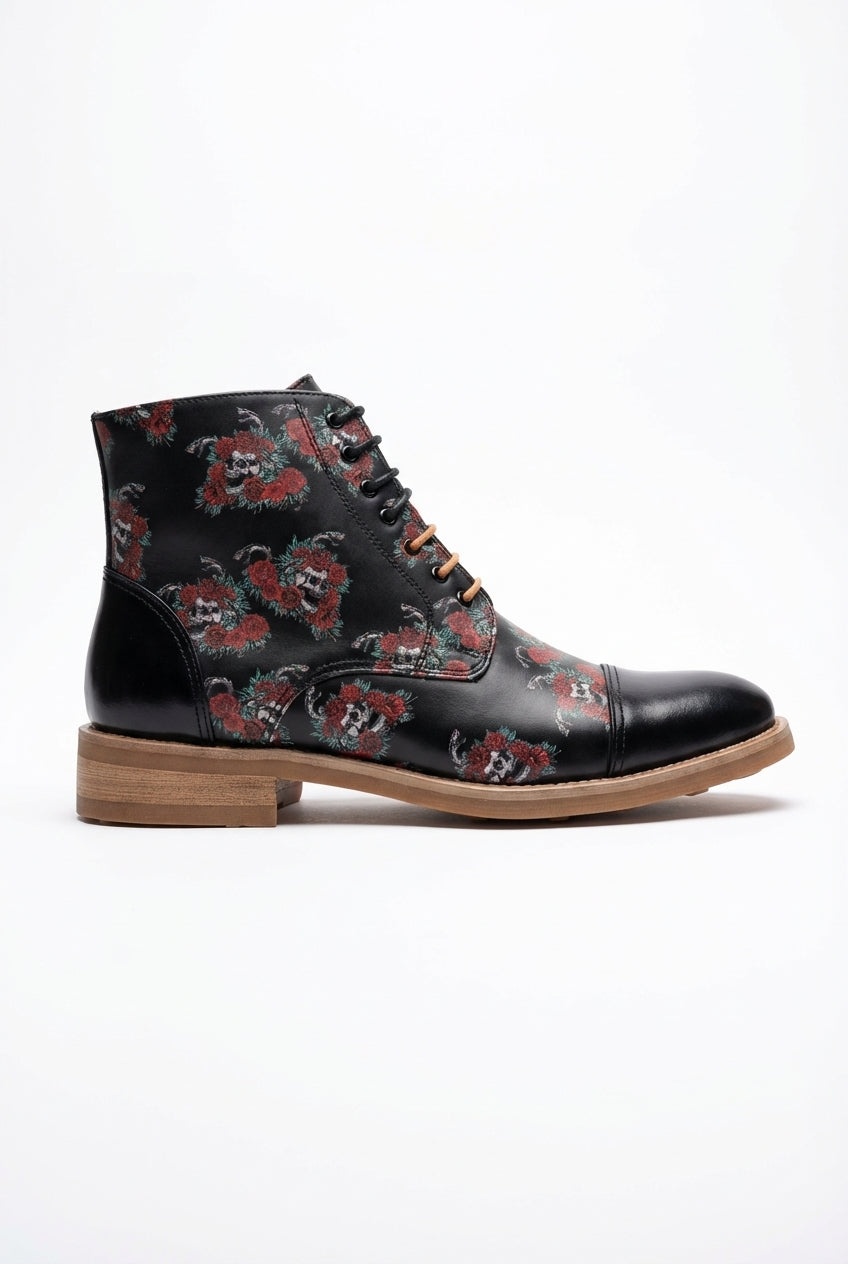 Adam - Botas Oxford de couro pretas com estampa floral e caveiras para homem