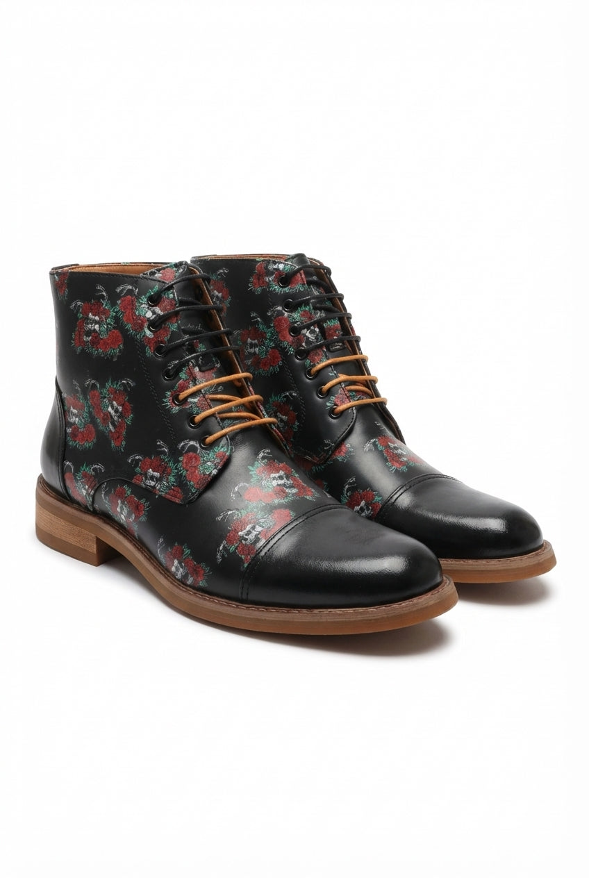 Adam - Botas Oxford de couro pretas com estampa floral e caveiras para homem