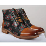 Adam - Botas Oxford de couro marrom com estampa floral e caveira para homem