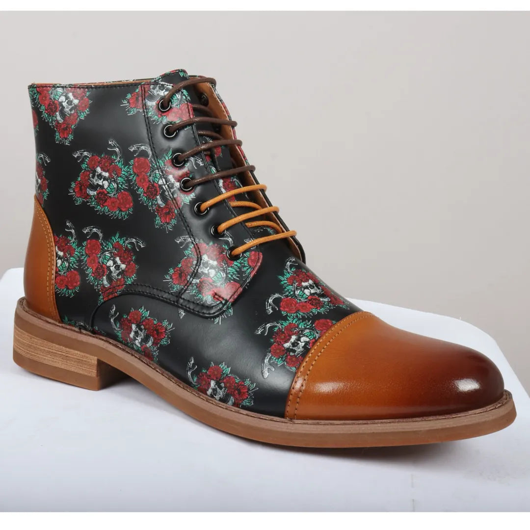 Adam - Botas Oxford de couro marrom com estampa floral e caveira para homem