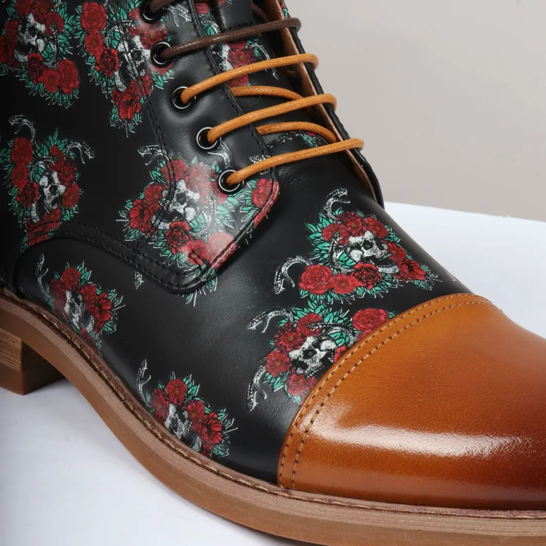 Adam - Botas Oxford de couro marrom com estampa floral e caveira para homem