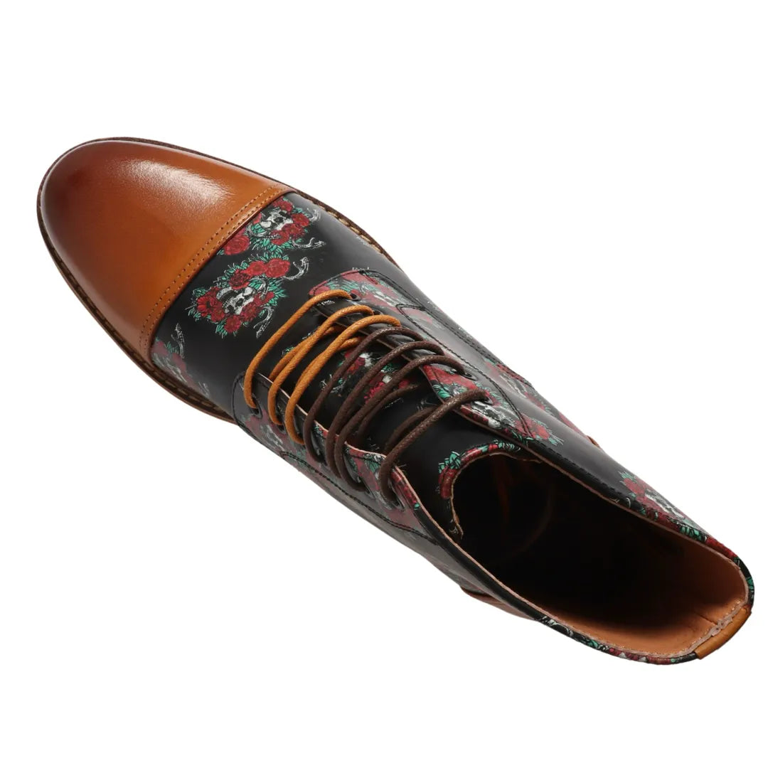 Adam - Botas Oxford de couro marrom com estampa floral e caveira para homem