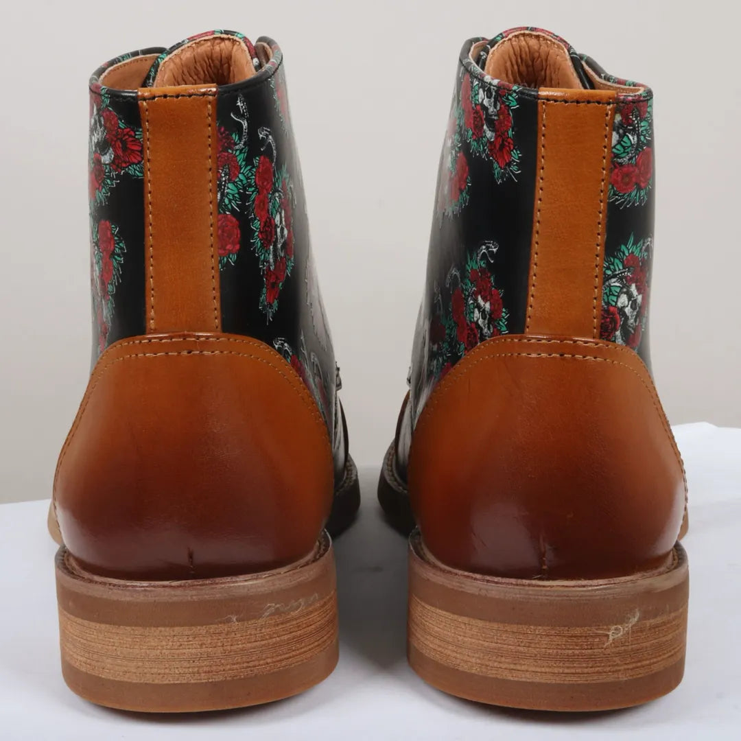 Adam - Botas Oxford de couro marrom com estampa floral e caveira para homem