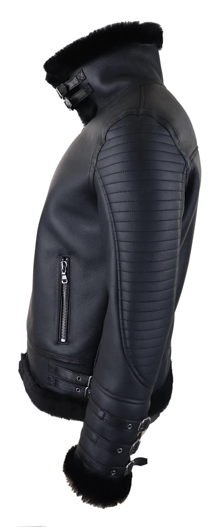 Jaqueta de aviador masculina preta de pele de carneiro legítima, com zíper, estilo piloto da Segunda Guerra Mundial. Casaco preto quente de inverno.