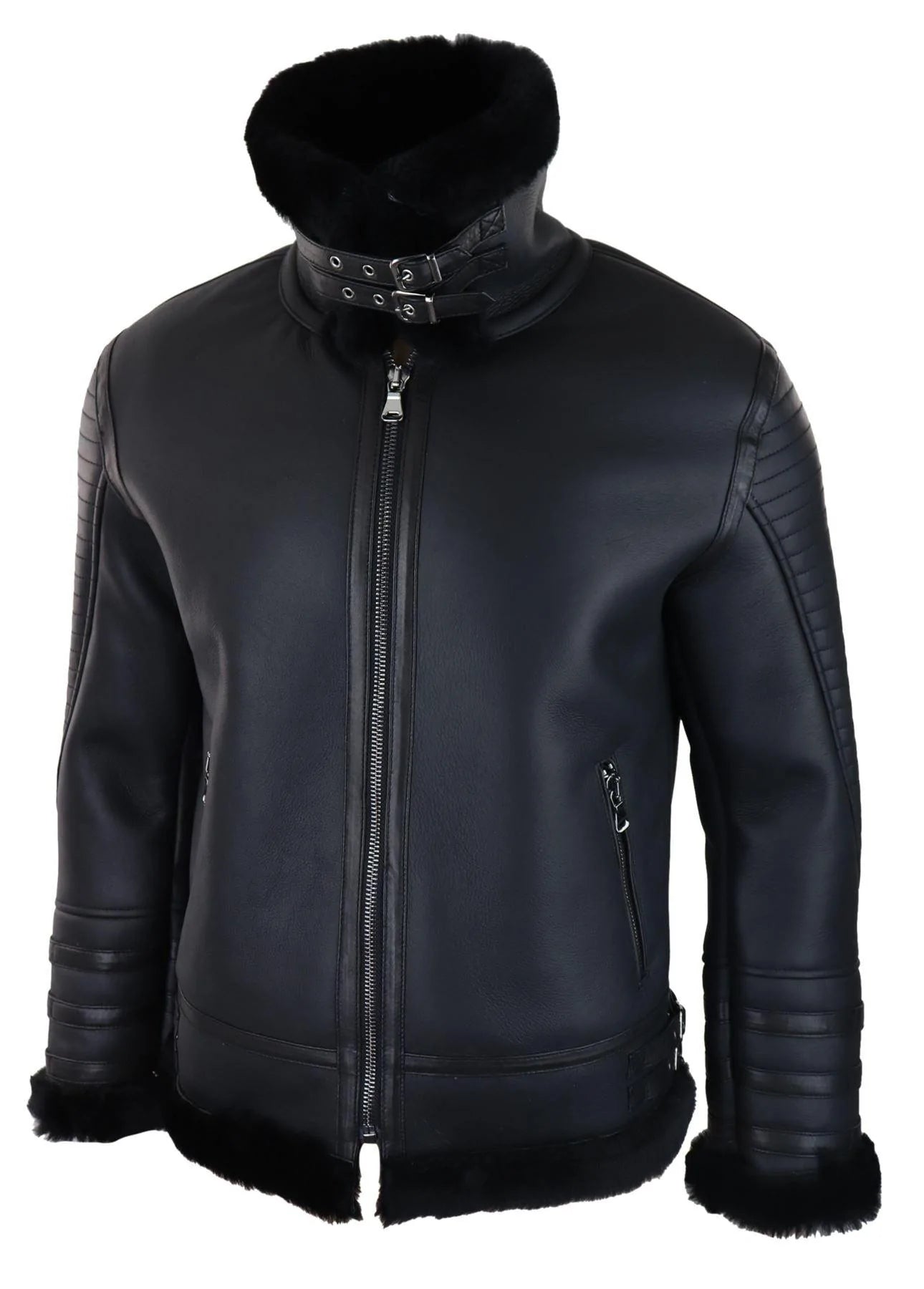 Jaqueta de aviador masculina preta de pele de carneiro legítima, com zíper, estilo piloto da Segunda Guerra Mundial. Casaco preto quente de inverno.