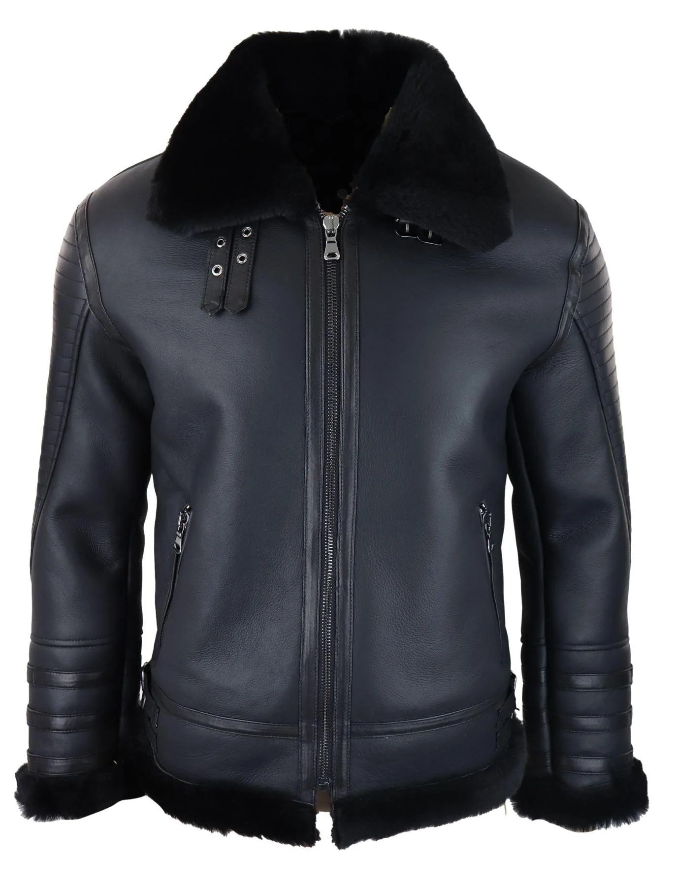 Jaqueta de aviador masculina preta de pele de carneiro legítima, com zíper, estilo piloto da Segunda Guerra Mundial. Casaco preto quente de inverno.