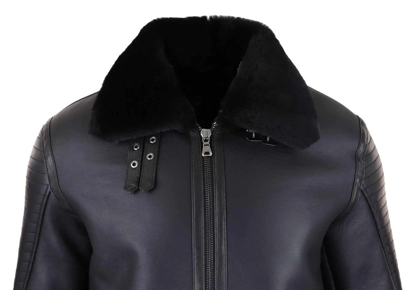 Jaqueta de aviador masculina preta de pele de carneiro legítima, com zíper, estilo piloto da Segunda Guerra Mundial. Casaco preto quente de inverno.