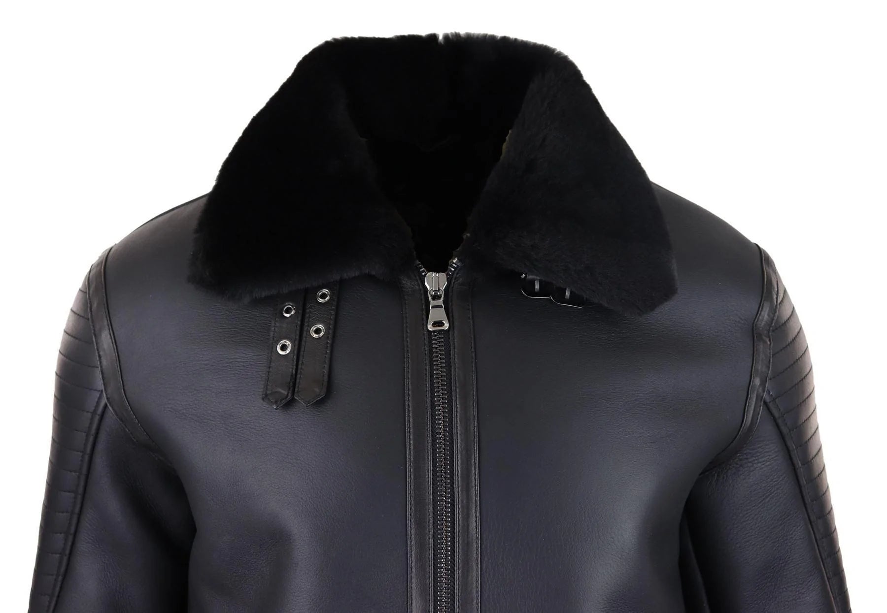 Jaqueta de aviador masculina preta de pele de carneiro legítima, com zíper, estilo piloto da Segunda Guerra Mundial. Casaco preto quente de inverno.