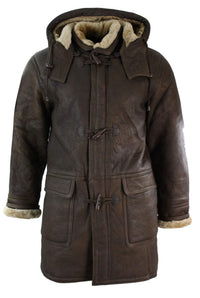 Jaqueta Safari Masculina de Inverno em Couro Legítimo de Pele de Carneiro Marrom e Creme com Capuz Vintage-B3 Marrom Gengibre