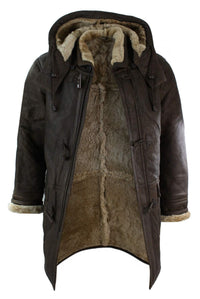 Jaqueta Safari Masculina de Inverno em Couro Legítimo de Pele de Carneiro Marrom e Creme com Capuz Vintage-B3 Marrom Gengibre