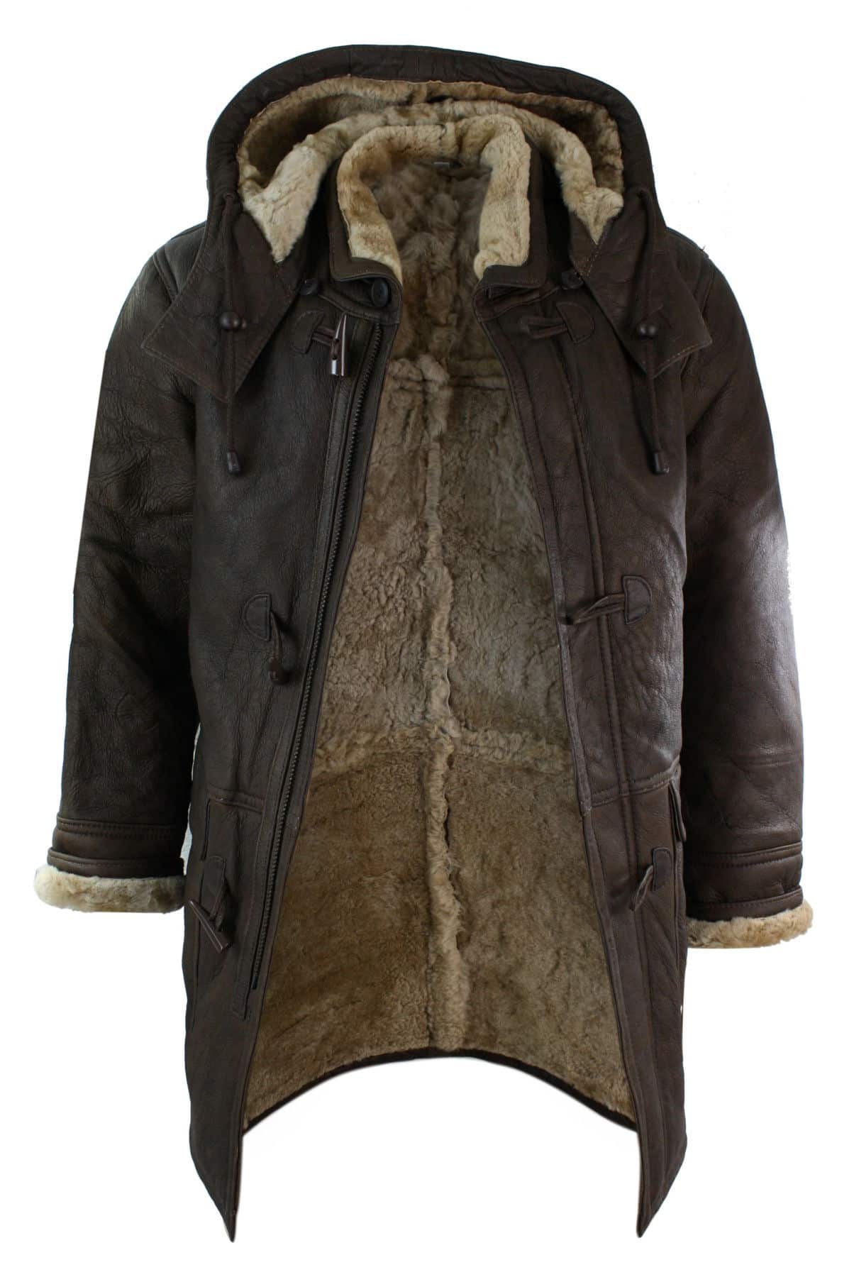 Jaqueta Safari Masculina de Inverno em Couro Legítimo de Pele de Carneiro Marrom e Creme com Capuz Vintage-B3 Marrom Gengibre