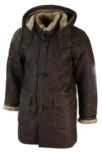 Jaqueta Safari Masculina de Inverno em Couro Legítimo de Pele de Carneiro Marrom e Creme com Capuz Vintage-B3 Marrom Gengibre
