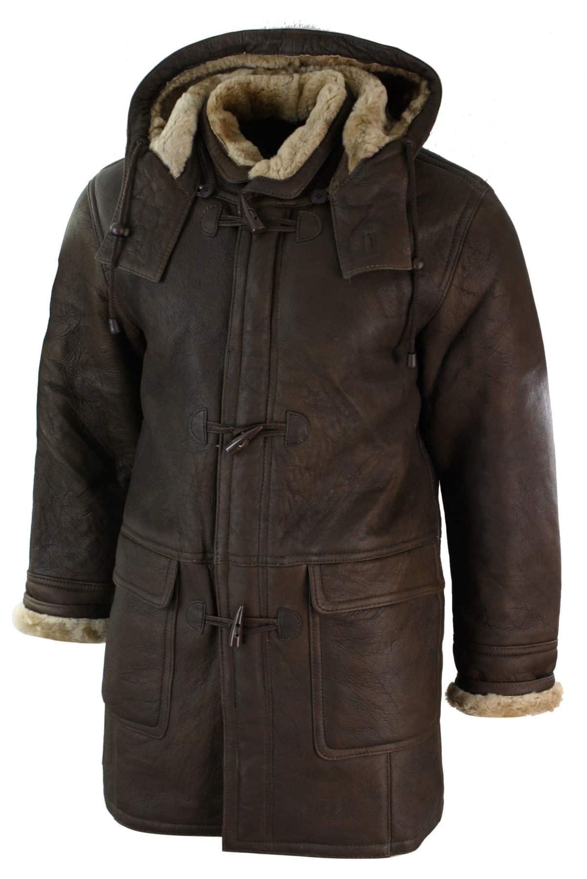 Jaqueta Safari Masculina de Inverno em Couro Legítimo de Pele de Carneiro Marrom e Creme com Capuz Vintage-B3 Marrom Gengibre