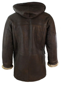 Jaqueta Safari Masculina de Inverno em Couro Legítimo de Pele de Carneiro Marrom e Creme com Capuz Vintage-B3 Marrom Gengibre