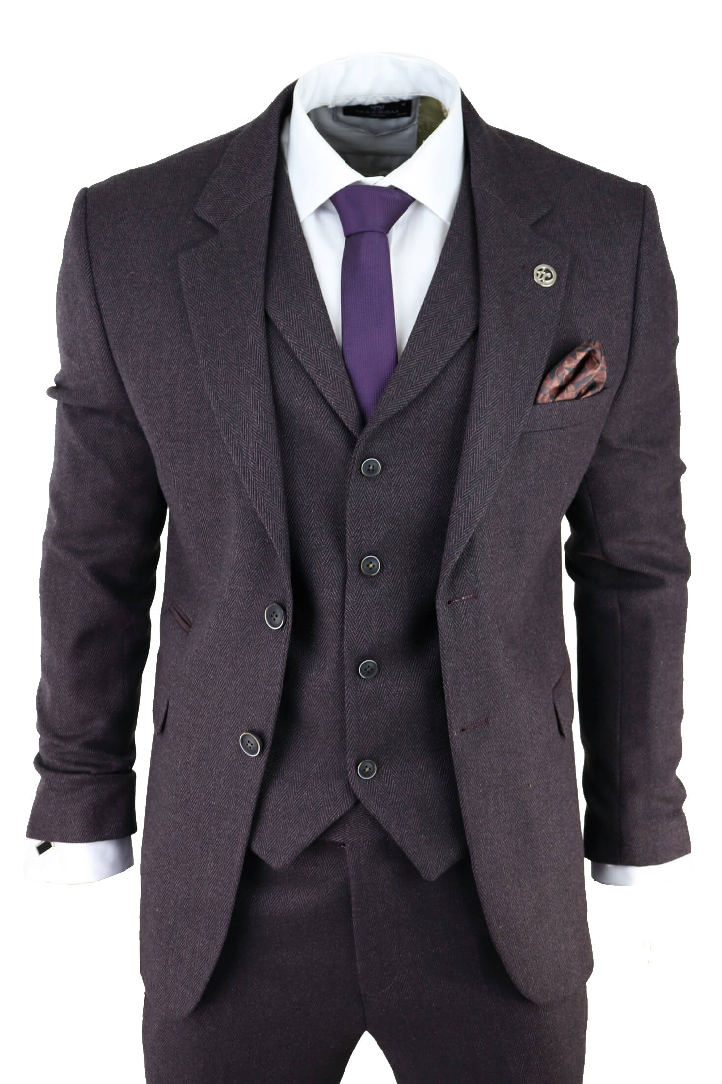 Terno masculino de 3 peças em tweed espinha de peixe cor ameixa