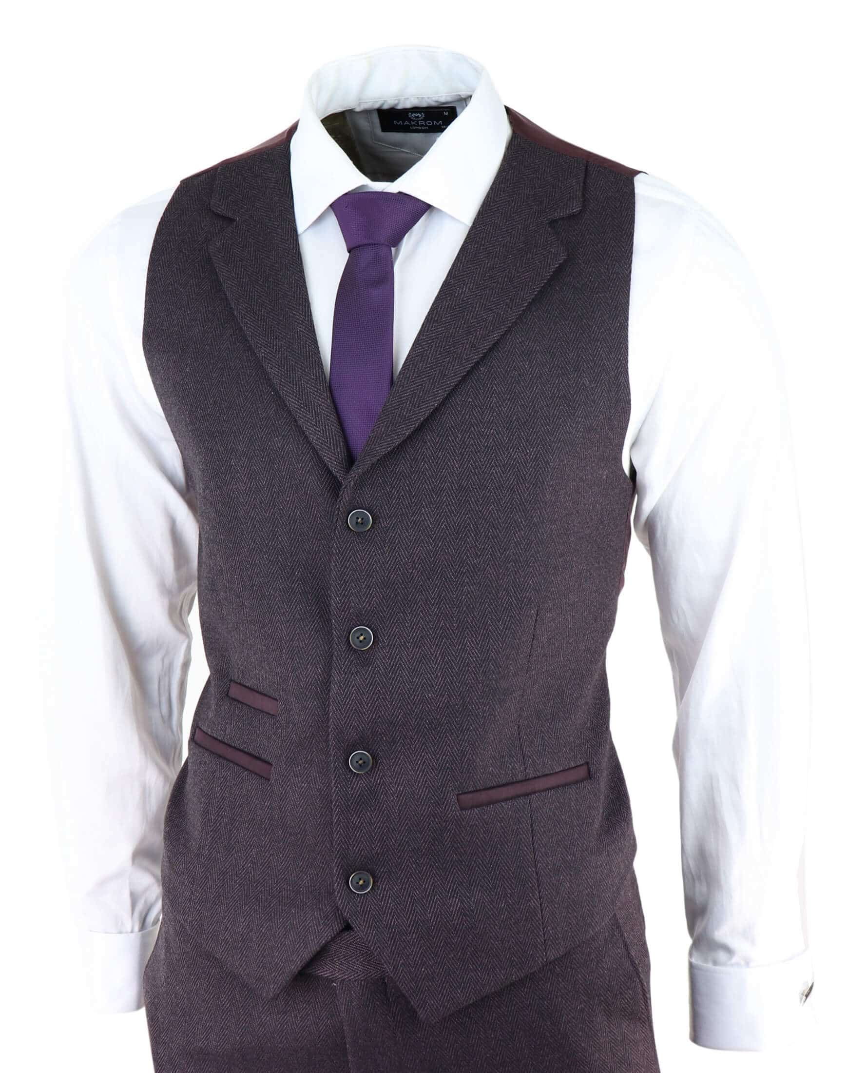 Terno masculino de 3 peças em tweed espinha de peixe cor ameixa