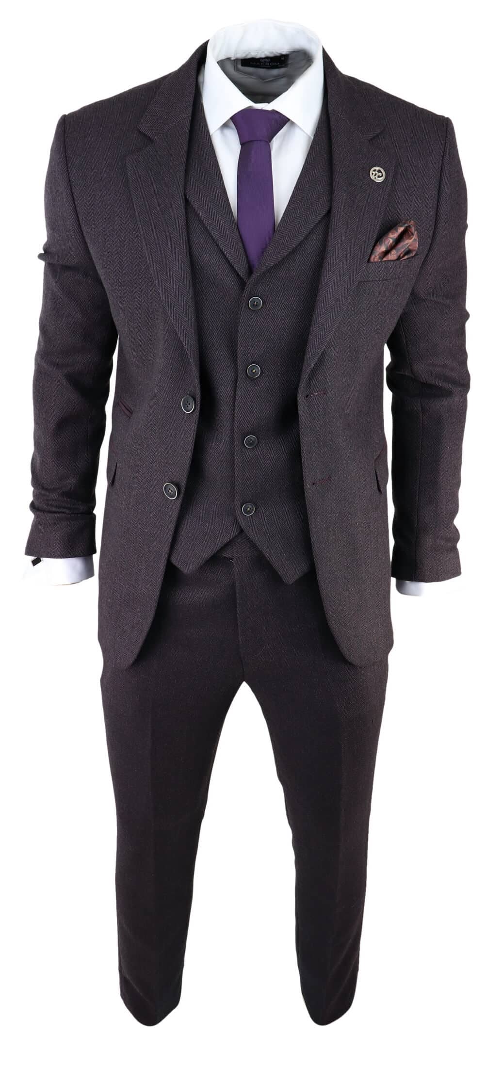 Terno masculino de 3 peças em tweed espinha de peixe cor ameixa