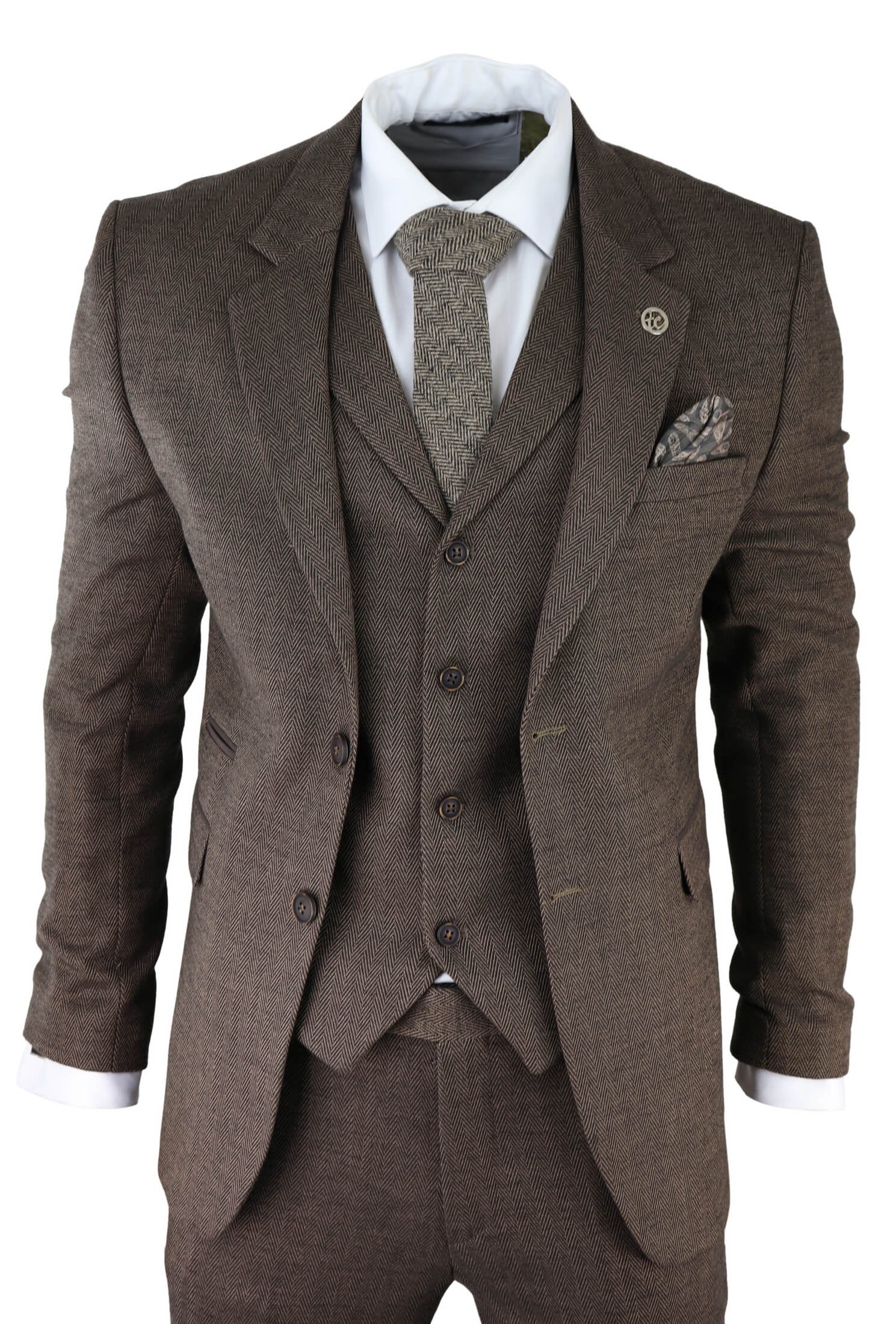 Terno masculino de 3 peças em tweed marrom espinha de peixe