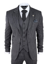Terno masculino de 3 peças em tweed cinza com risca de giz e espinha de peixe