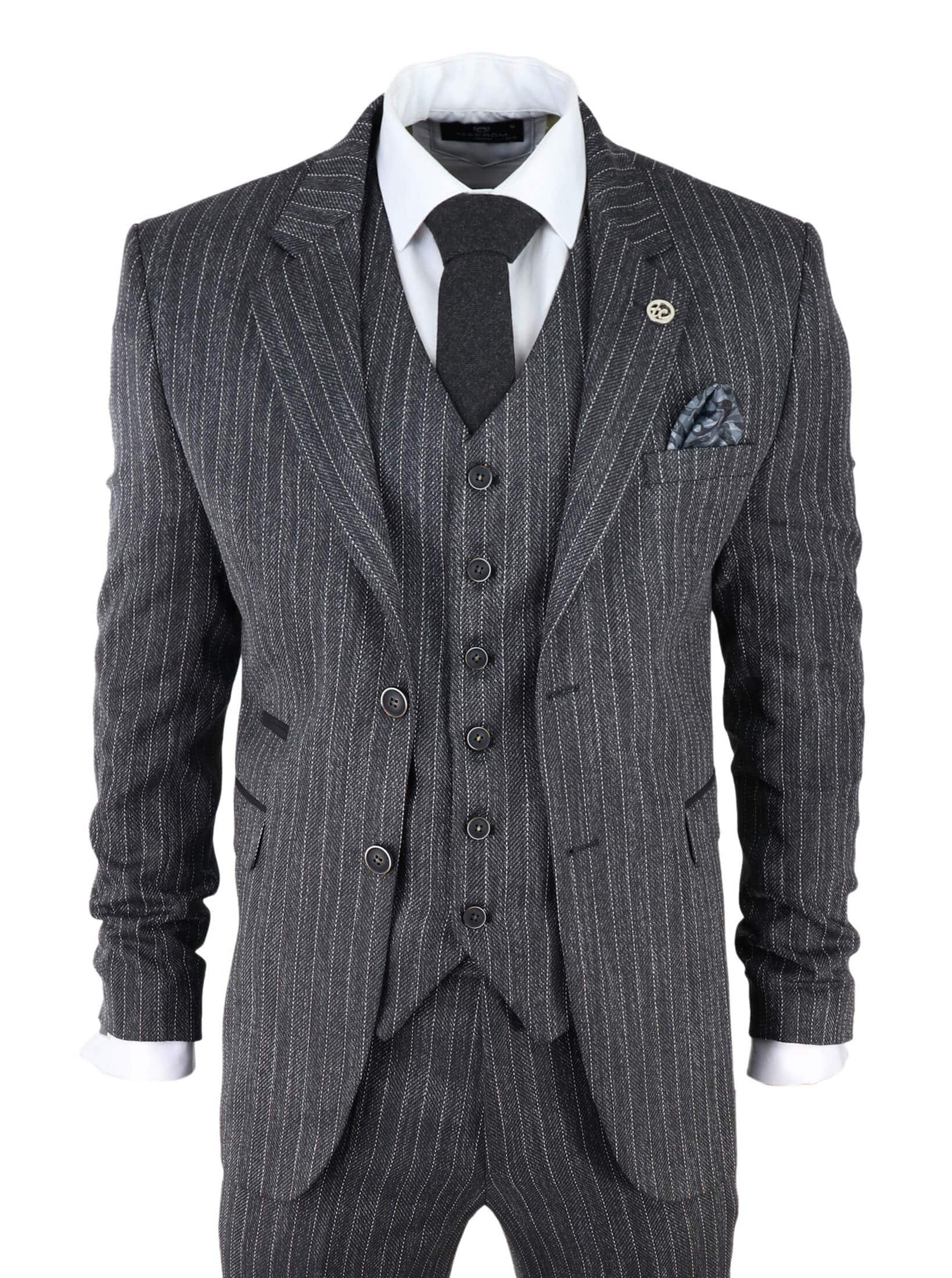 Terno masculino de 3 peças em tweed cinza com risca de giz e espinha de peixe
