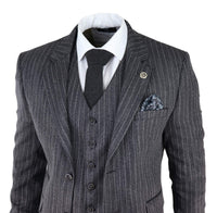 Terno masculino de 3 peças em tweed cinza com risca de giz e espinha de peixe