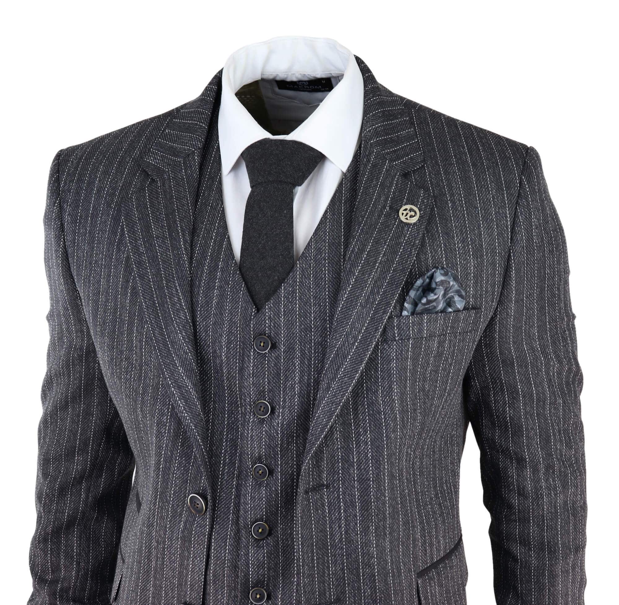 Terno masculino de 3 peças em tweed cinza com risca de giz e espinha de peixe