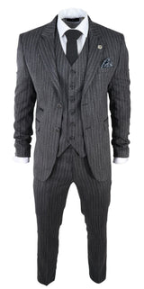 Terno masculino de 3 peças em tweed cinza com risca de giz e espinha de peixe