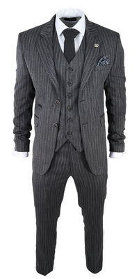 Terno masculino de 3 peças em tweed cinza com risca de giz e espinha de peixe