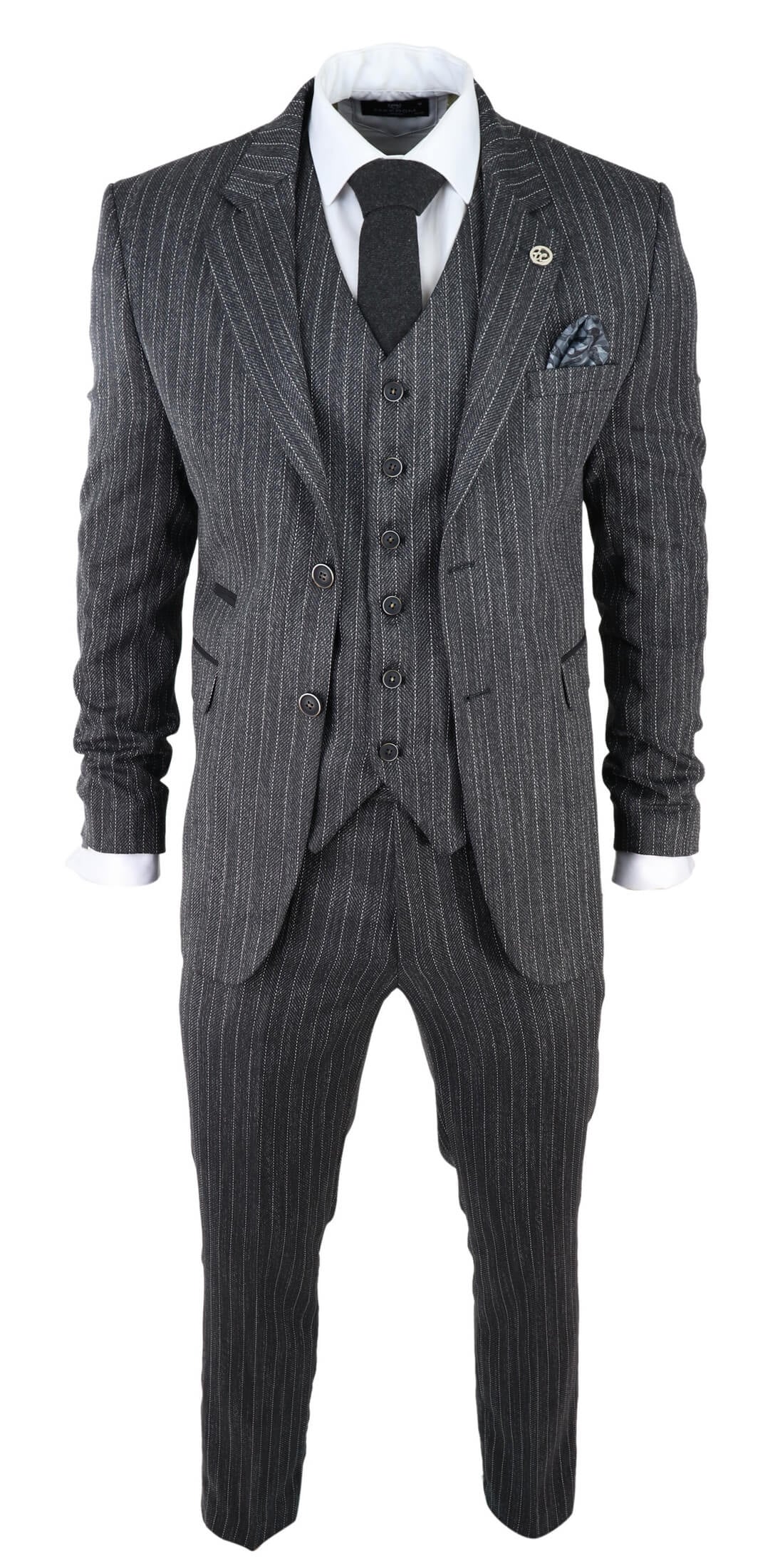 Terno masculino de 3 peças em tweed cinza com risca de giz e espinha de peixe