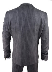 Terno masculino de 3 peças em tweed cinza com risca de giz e espinha de peixe