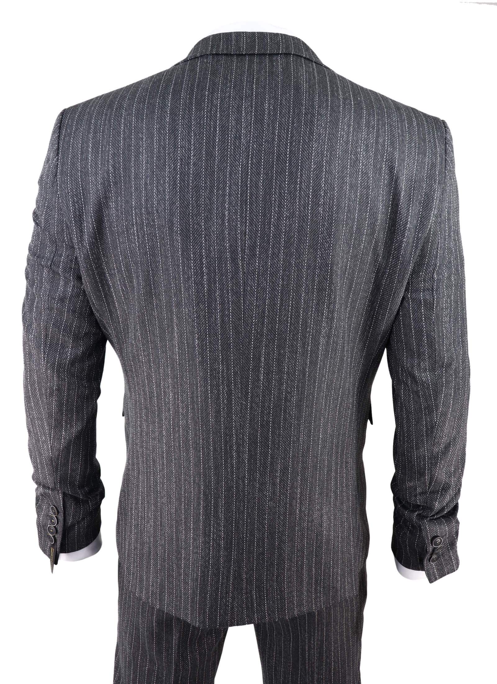 Terno masculino de 3 peças em tweed cinza com risca de giz e espinha de peixe