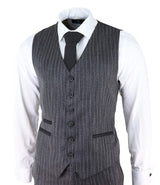 Terno masculino de 3 peças em tweed cinza com risca de giz e espinha de peixe