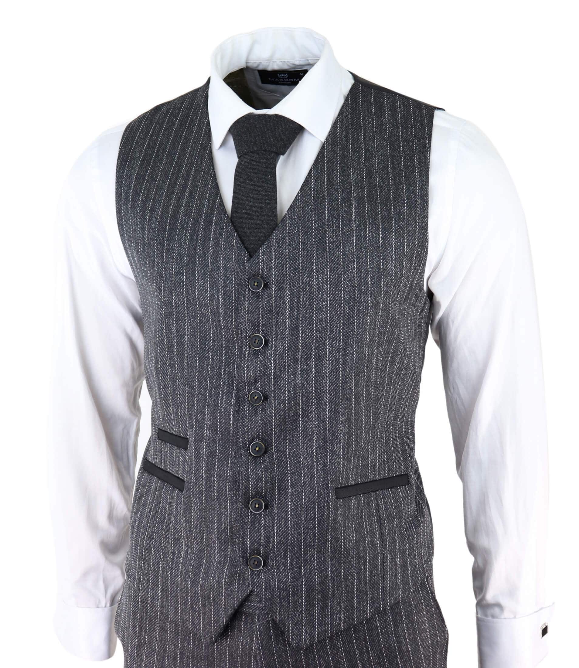 Terno masculino de 3 peças em tweed cinza com risca de giz e espinha de peixe