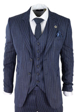 Terno masculino de 3 peças em tweed azul com risca de giz e espinha de peixe