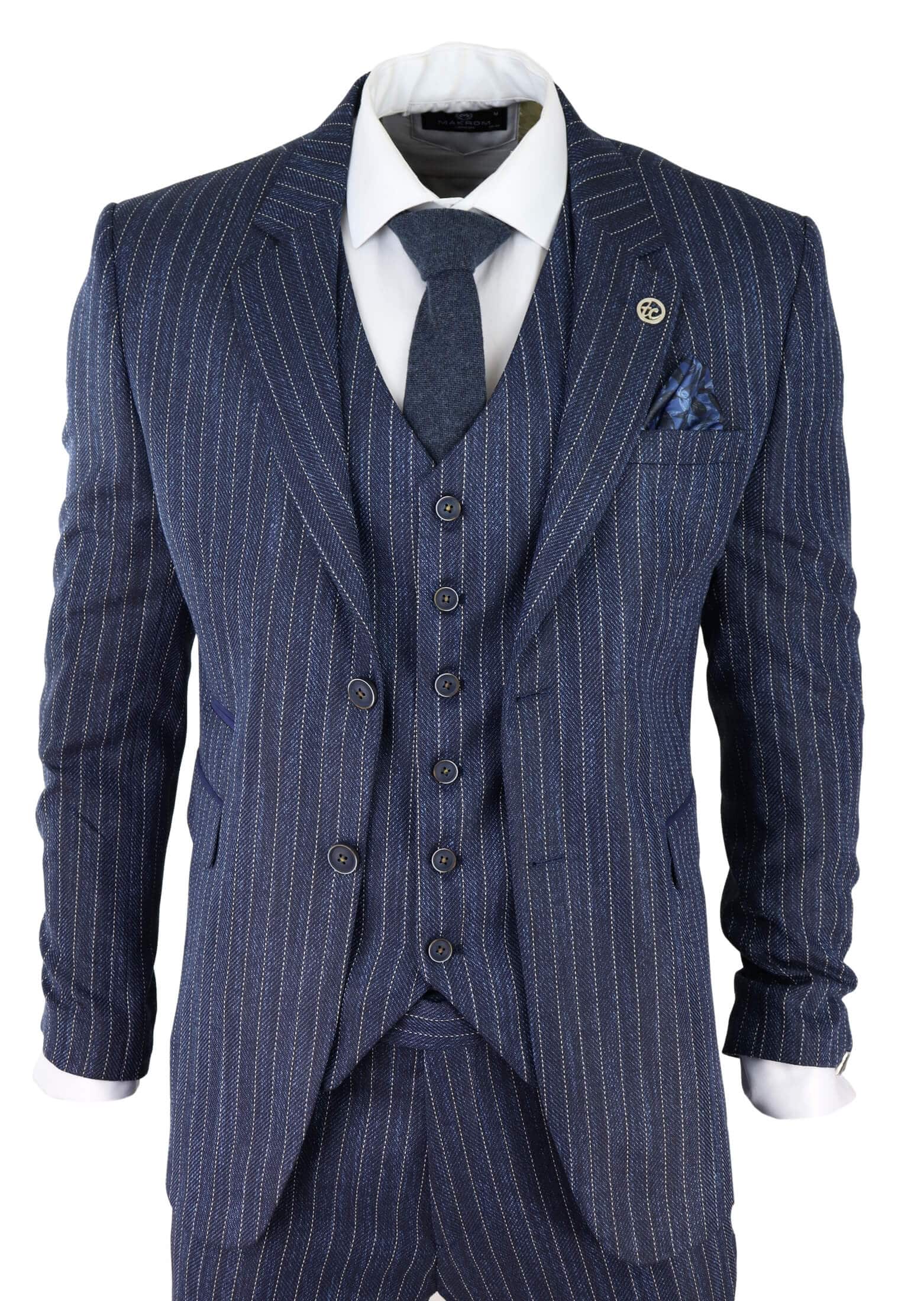 Terno masculino de 3 peças em tweed azul com risca de giz e espinha de peixe