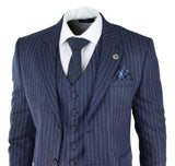 Terno masculino de 3 peças em tweed azul com risca de giz e espinha de peixe