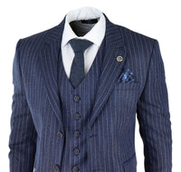 Terno masculino de 3 peças em tweed azul com risca de giz e espinha de peixe