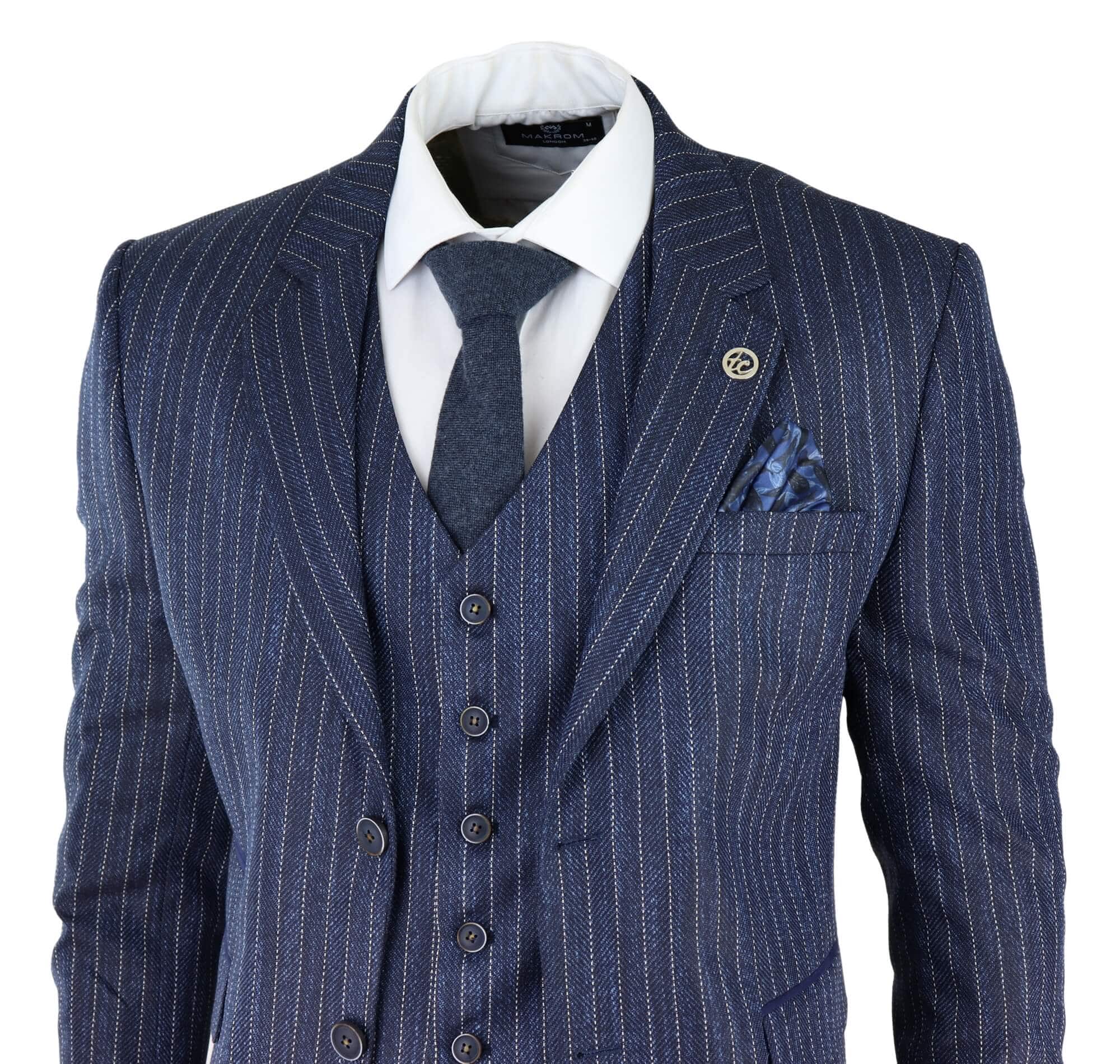 Terno masculino de 3 peças em tweed azul com risca de giz e espinha de peixe
