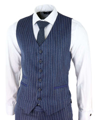 Terno masculino de 3 peças em tweed azul com risca de giz e espinha de peixe
