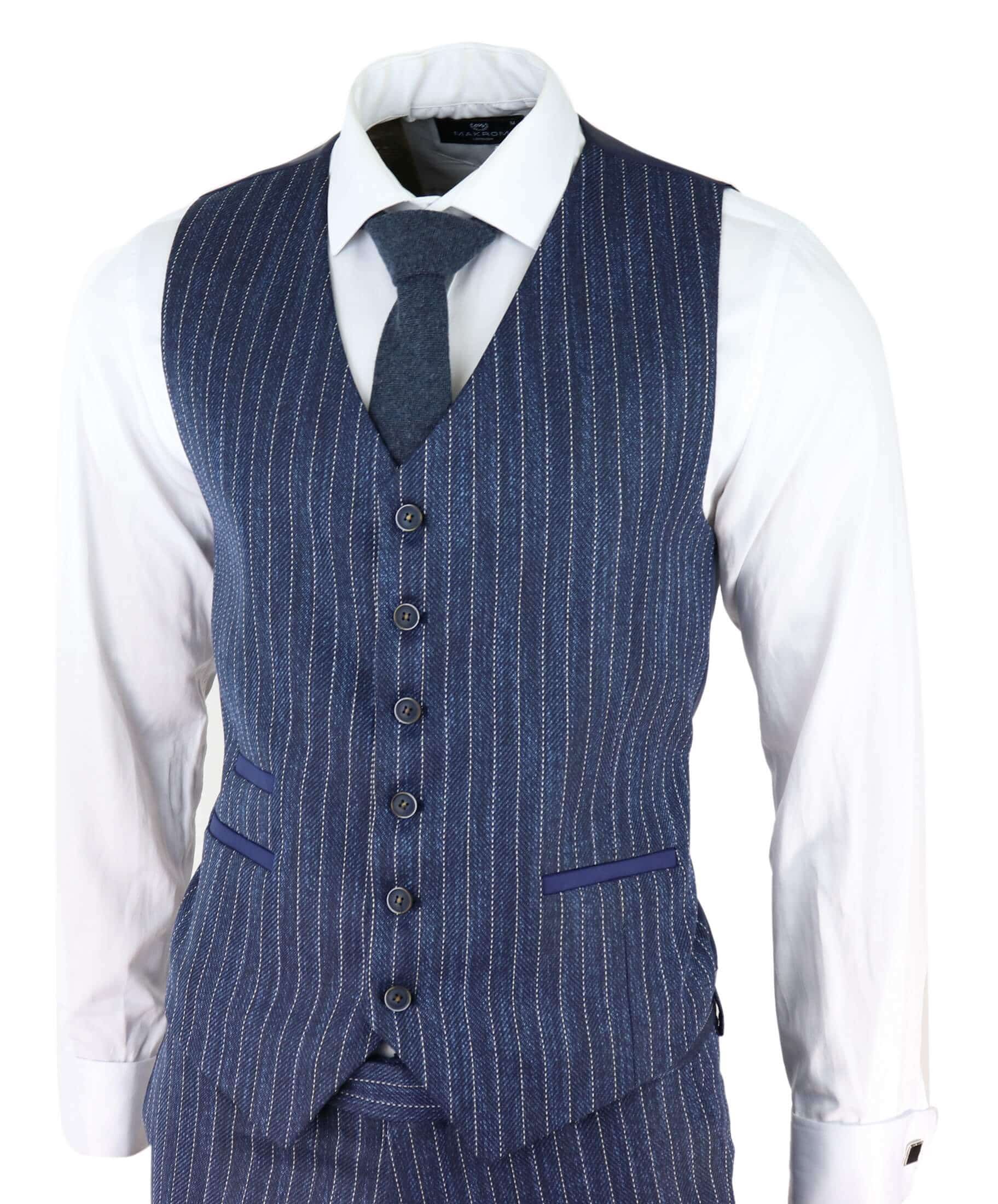 Terno masculino de 3 peças em tweed azul com risca de giz e espinha de peixe