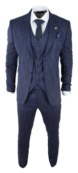 Terno masculino de 3 peças em tweed azul com risca de giz e espinha de peixe