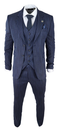 Terno masculino de 3 peças em tweed azul com risca de giz e espinha de peixe