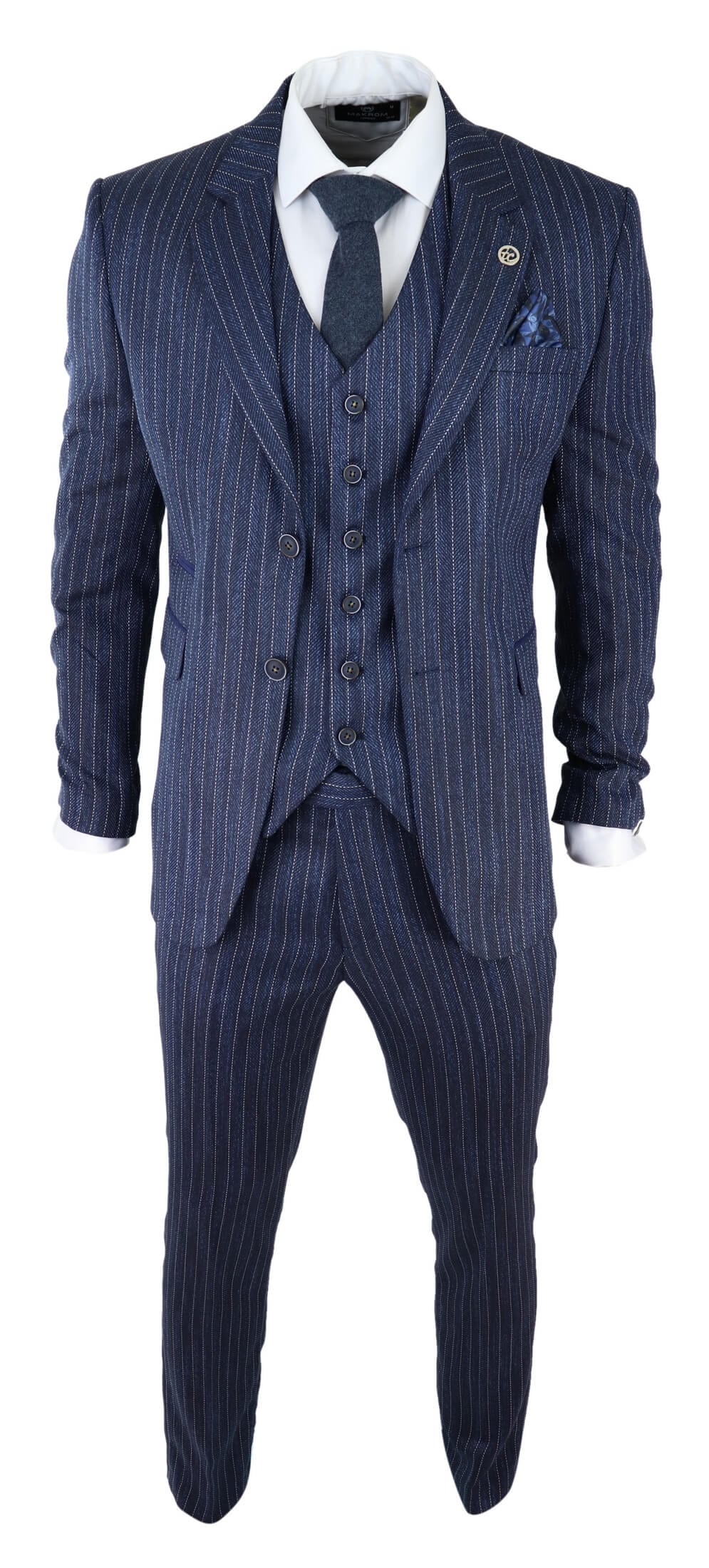 Terno masculino de 3 peças em tweed azul com risca de giz e espinha de peixe