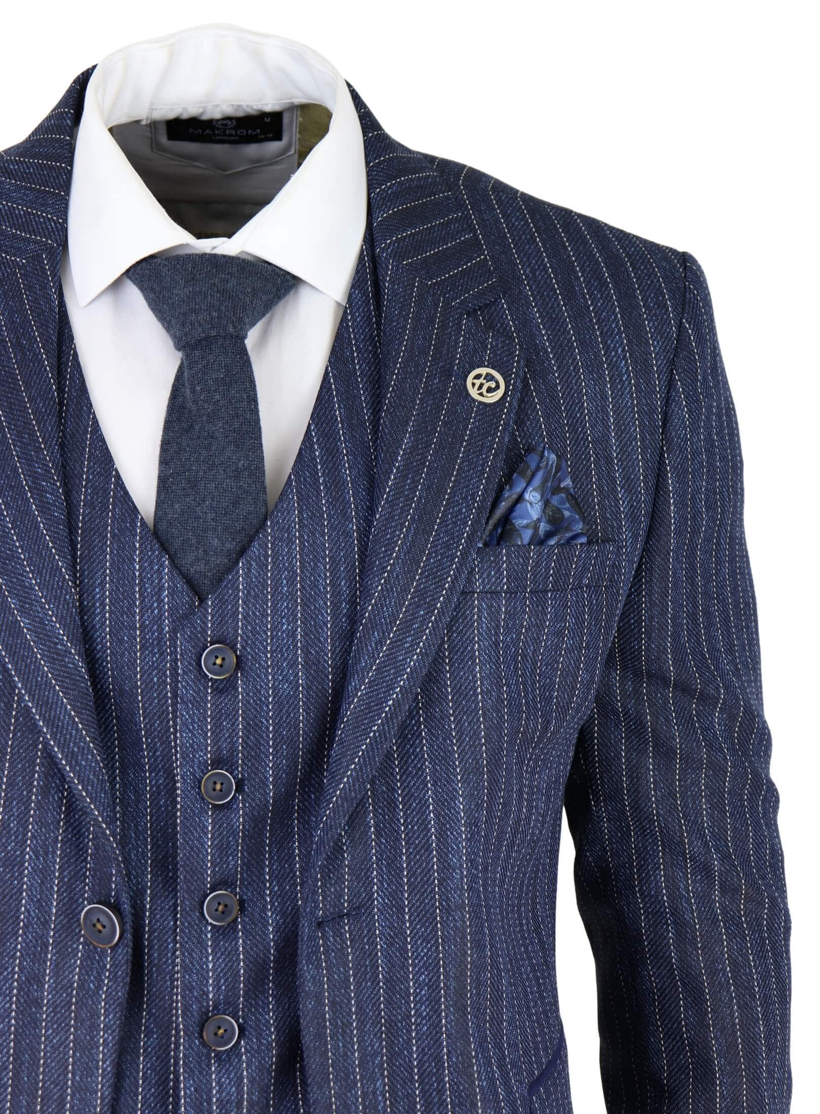 Terno masculino de 3 peças em tweed azul com risca de giz e espinha de peixe