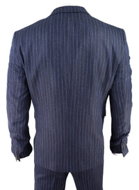 Terno masculino de 3 peças em tweed azul com risca de giz e espinha de peixe