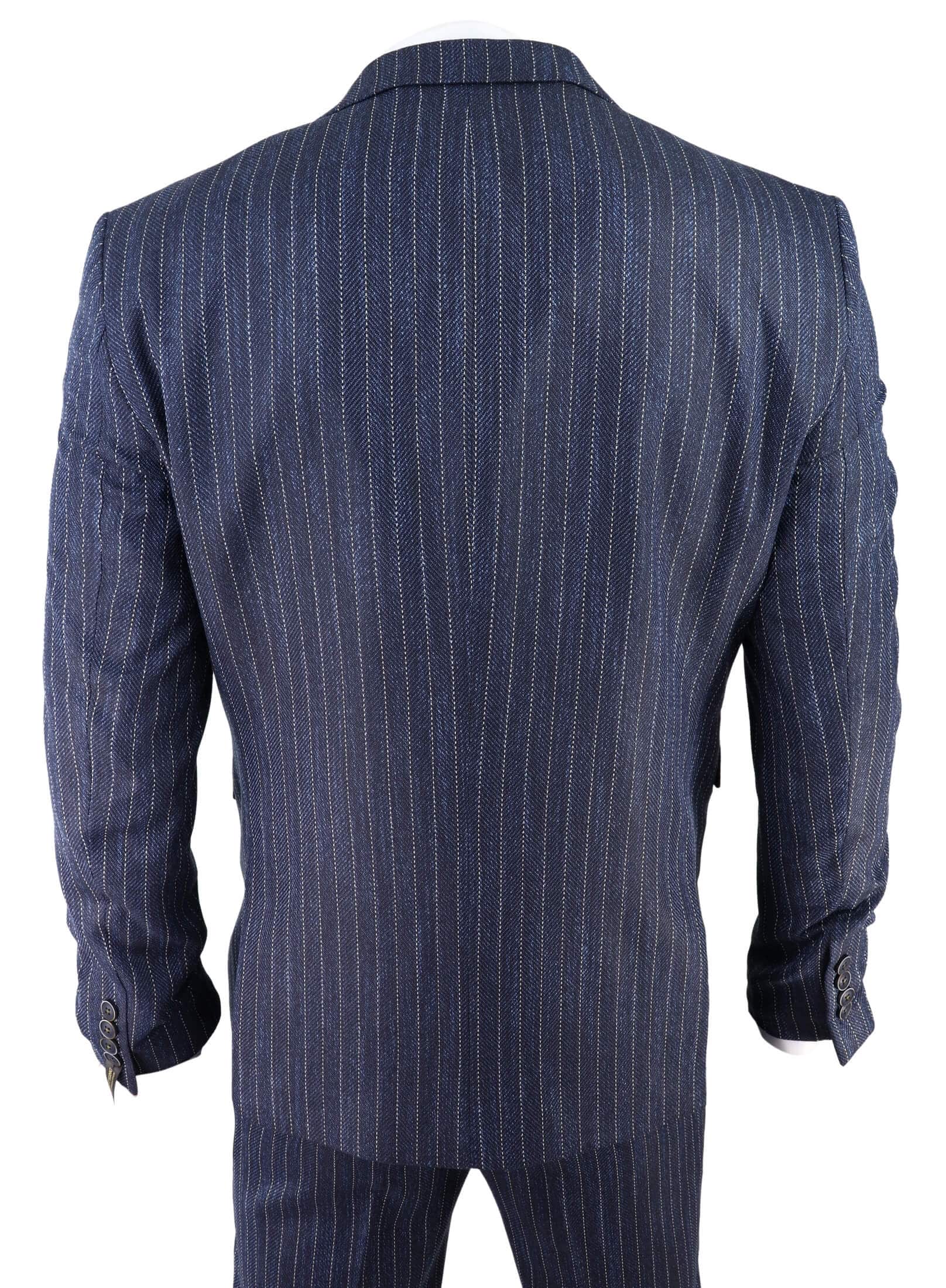 Terno masculino de 3 peças em tweed azul com risca de giz e espinha de peixe