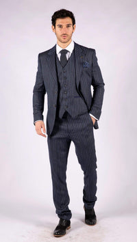 Terno masculino de 3 peças em tweed azul com risca de giz e espinha de peixe